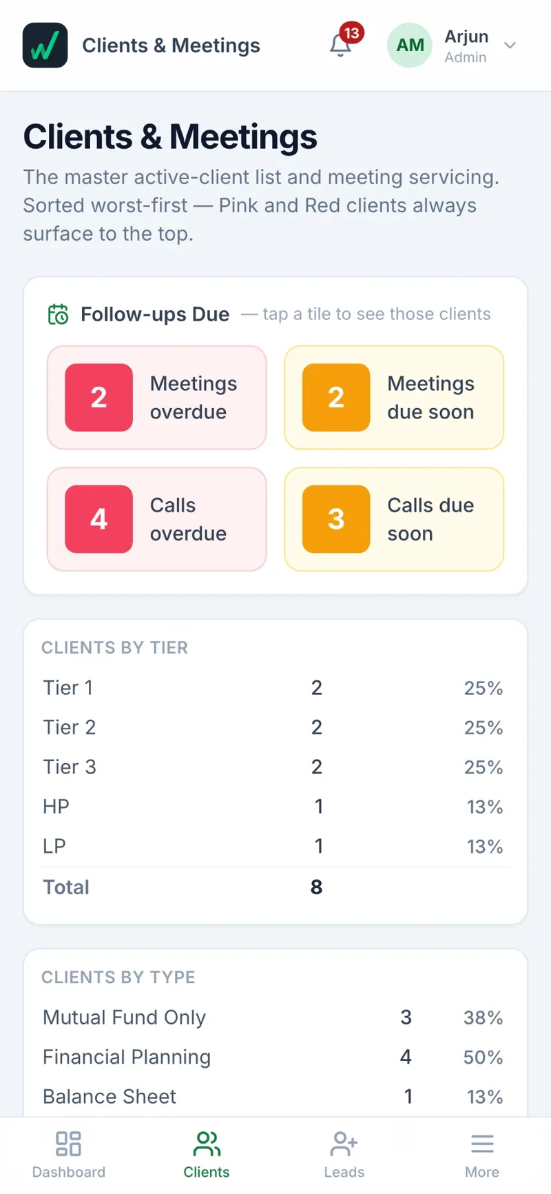GrowOn clients and meetings list on a phone