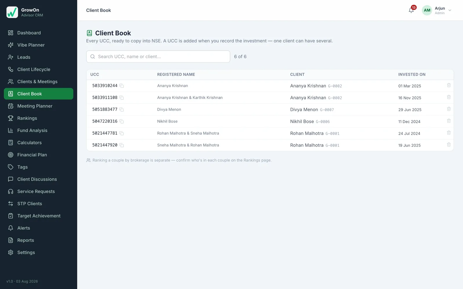 GrowOn client book listing every UCC with its registered name and the client it belongs to