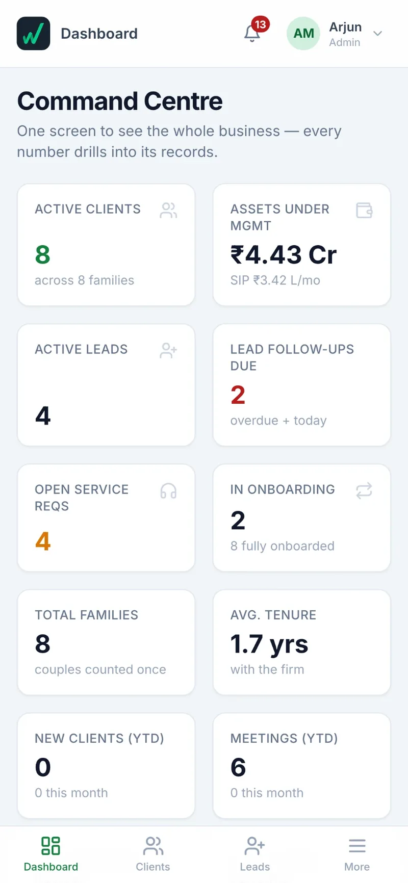 GrowOn dashboard on a phone, showing clients and follow-ups due